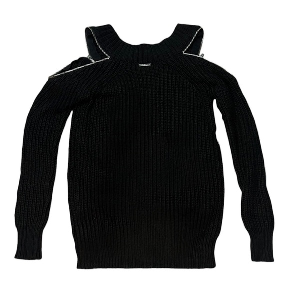 Michael Kors Black Chunky Knit Zip Cold Shoulder Sweater - Picture 6 of 8